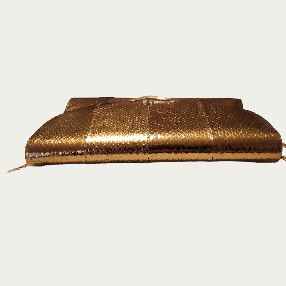 Vintage 1980's Bronze Gold Metallic Snakeskin Clutch/ Shoulder Bag EUC - Picture 10 of 11
